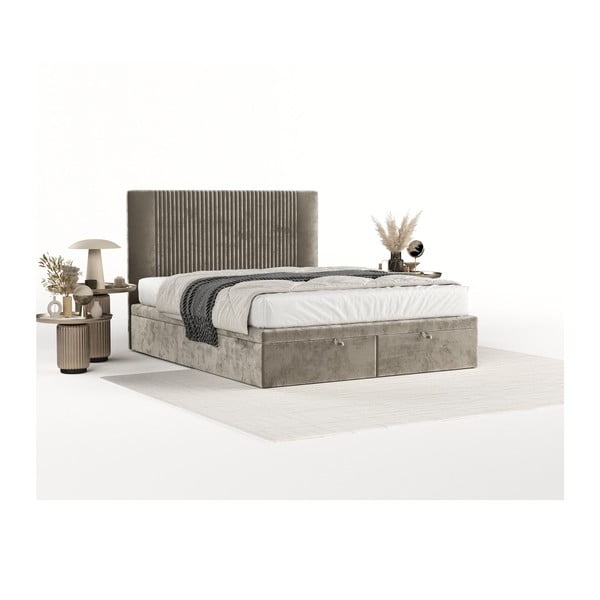 Бежово тапицирано двойно легло с място за съхранение 200x200 cm Mavel – Maison de Rêve-image-2
