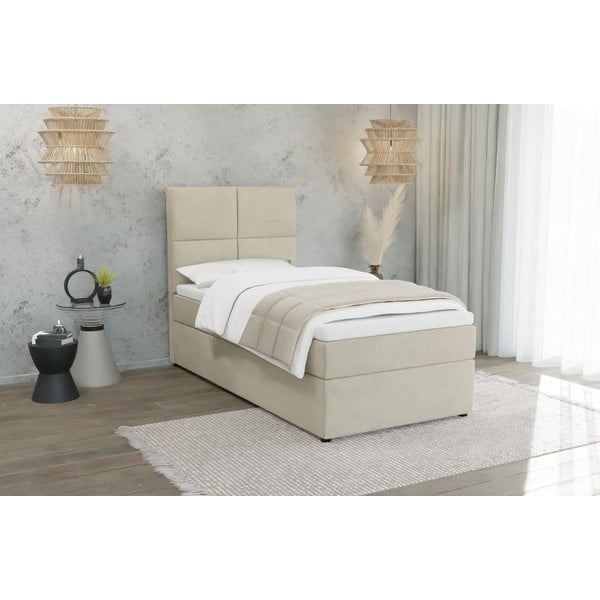 Бежово единично тапицирано легло с място за съхранение с включена подматрачна рамка 80x200 cm Lena – Ropez-image-1