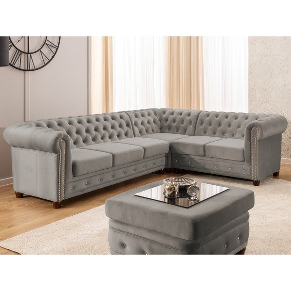 Сив кадифен сгъваем ъглов диван (десен ъгъл/L форма) York Blik – Ropez-image-1