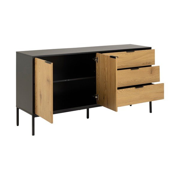 Черен/естествен нисък скрин от декор от дъб  160x80 cm Seaford – Actona-image-3