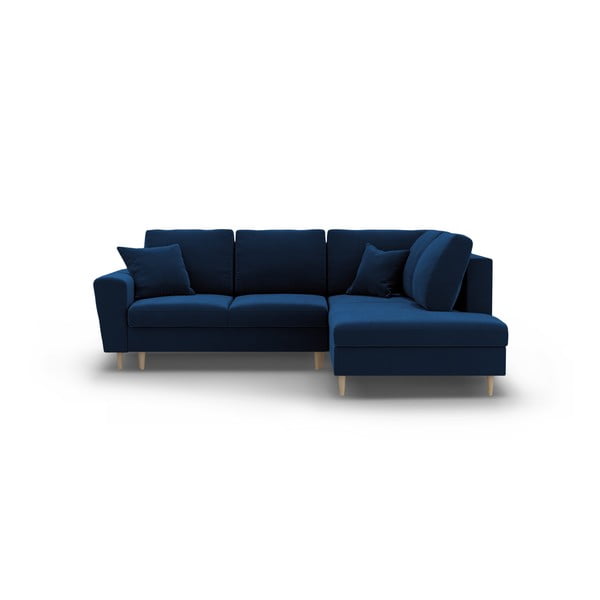 Син кадифен разтегателен ъглов диван с място за съхранение (десен ъгъл/L форма) Kyoto – Cosmopolitan Design-image-1