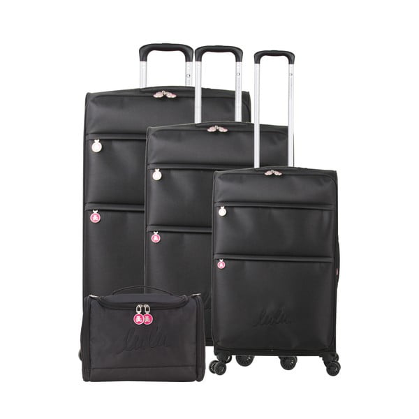 Комплект от 3 черни багажа на 4 колела и козметичен куфар Lulucastagnette Bella - LULUCASTAGNETTE