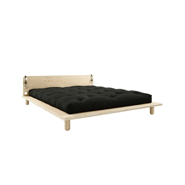 Dvoulůžková postel z masivního dřeva s čelem, lampičkami a černou matrací Comfort Karup Design Peek, 140 x 200 cm