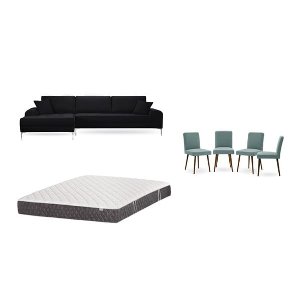 Комплект от черен диван с шезлонг вляво, 4 сиво-зелени стола и матрак 160 x 200 cm - Home Essentials