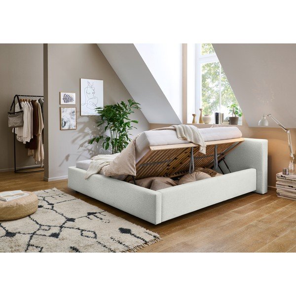 Бяло тапицирано двойно легло с място за съхранение с включена подматрачна рамка 180x200 cm Cube – Meise Möbel-image-1