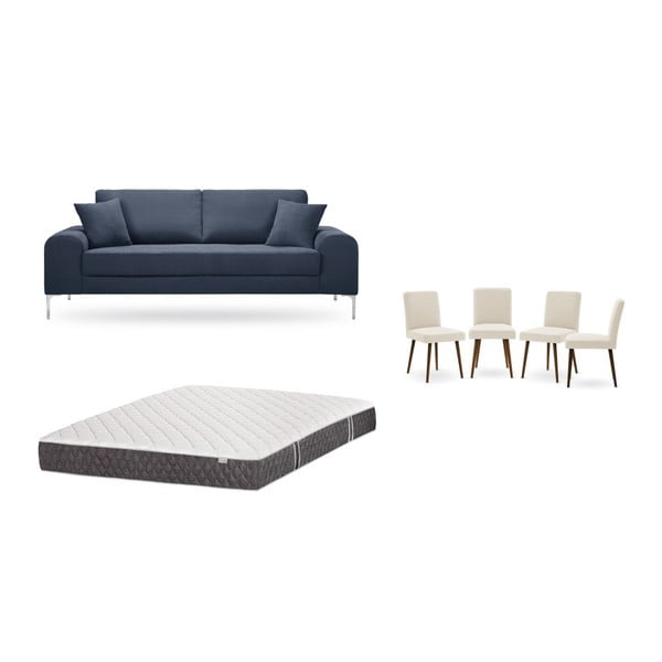 Комплект от триместен тъмносин диван, 4 кремави стола и матрак 160 x 200 cm - Home Essentials