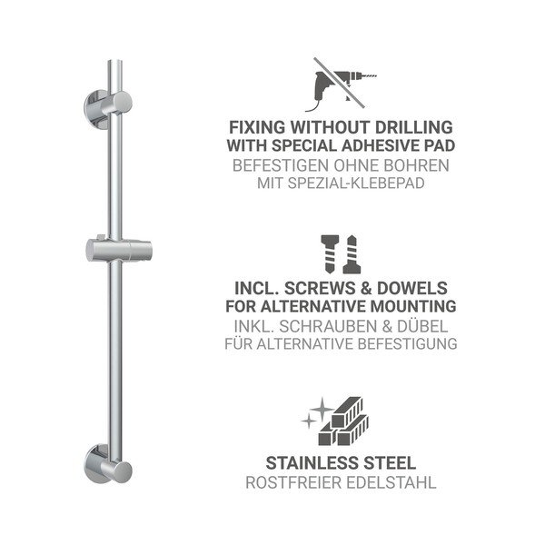 Душ релса  без пробиване от неръждаема стомана в блестящо сребрист цвят с подвижен държач 70 cm – Wenko-image-2