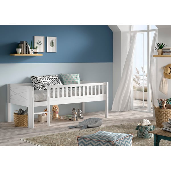 Бяло повдигнато детско легло от масивен бор с включена подматрачна рамка 90x200 cm  Scott – Vipack-image-1