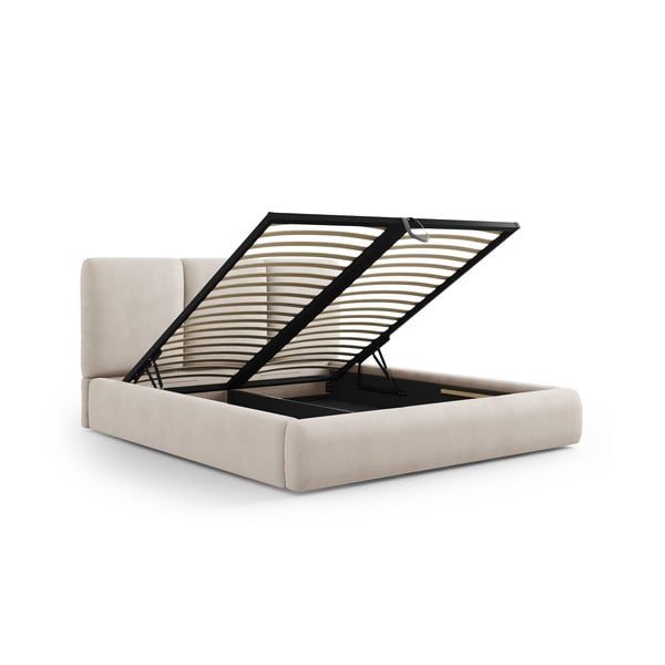Бежово тапицирано двойно легло с място за съхранение с включена подматрачна рамка 160x200 cm Brody – Mazzini Beds-image-2