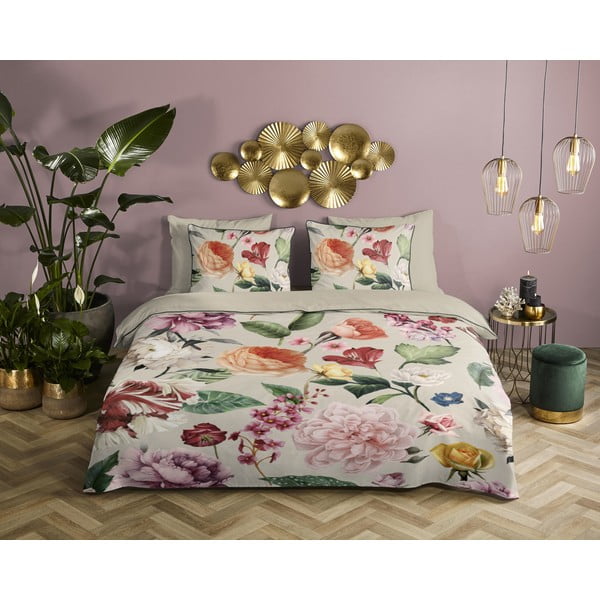 Бежово единично удължено спално бельо от памучен сатен 140x220 cm Fiori – Descanso-image-1