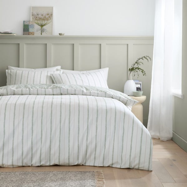 Бяло-зелено единично  спално бельо от памук перкал 135x200 cm Scallop Floral – Bianca-image-2