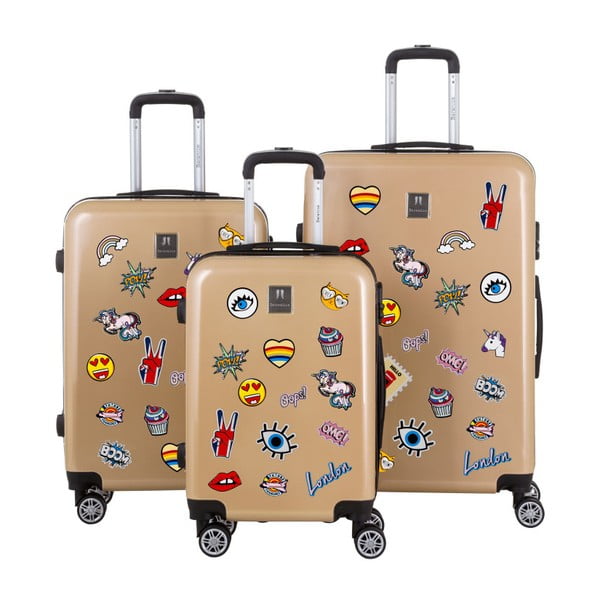 Комплект от 3 куфара за пътуване в златисто със стикери Стикери - Berenice