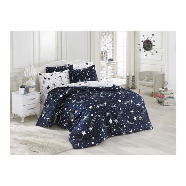 Тъмносиньо спално бельо с чаршаф за единично легло Starry Night, 160 x 220 cm - Mijolnir