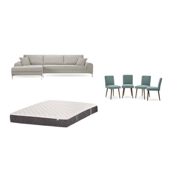 Комплект от кремав диван с ляво кресло, 4 сиво-зелени стола и матрак 160 x 200 cm - Home Essentials