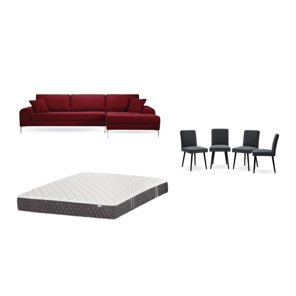 Комплект от червен диван с мързелив диван отдясно, 4 антрацитно сиви стола и матрак 160 x 200 cm - Home Essentials