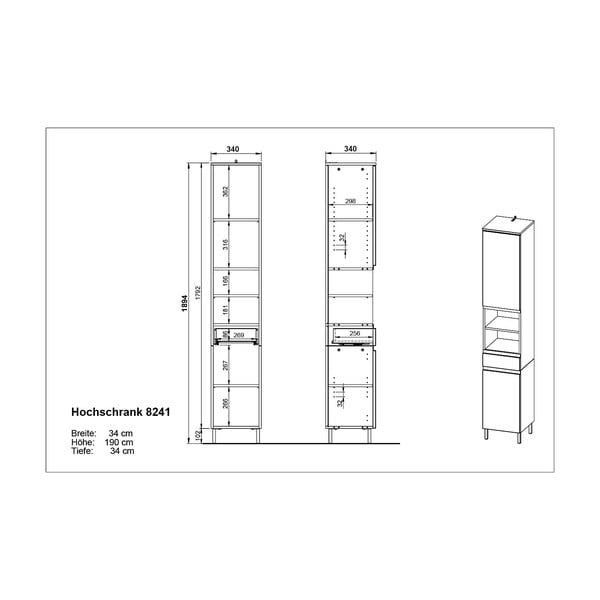 Тъмно сив висок шкаф за баня в дъбов декор 34x190 cm Salinas - Germania-image-2