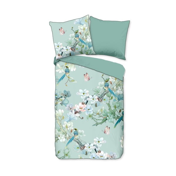 Зелено спално бельо от органичен памук за двойно легло Flowery, 200 x 200 cm Organic - Descanso