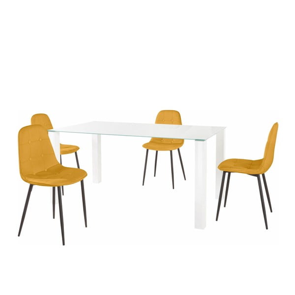 Sada jídelního stolu a 4 žlutých židlí Støraa Dante, délka stolu 160 cm