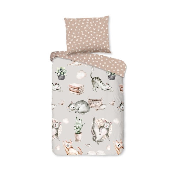 Сиво-кафяво памучно детско спално бельо за детско креватче 120x150 cm Catlife – Good Morning
