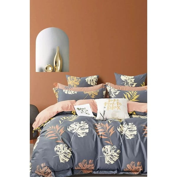 Сив удължен чаршаф за двойно легло от четири части 200x220 cm Leaf - Mila Home