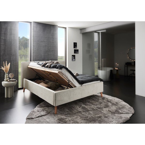 Кремаво двойно легло 160x200 cm тапицирано с място за съхранение с включена подматрачна рамка Riva – Meise Möbel-image-3