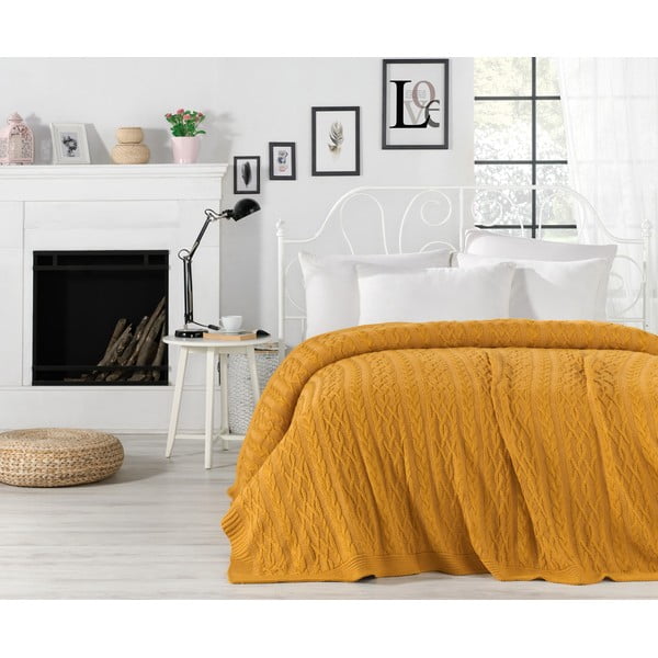Горчичножълта покривка за легло със смес от памук Плетене, 220 x 240 cm - Homemania Decor