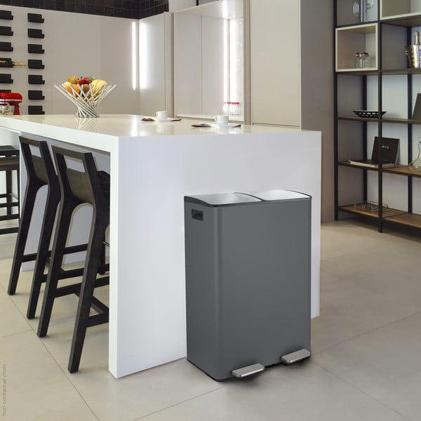 Тъмносиво стоманено кошче за боклук 2x30 l за рециклиране с педал   Aliya – Spirella-image-1