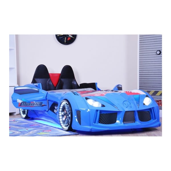 Синьо детско легло във формата на кола с LED светлини Racero, 90 x 190 cm - Musvenus