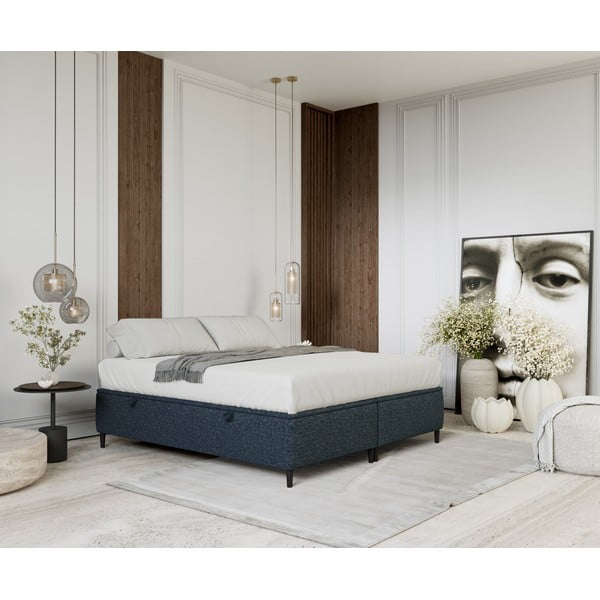 Тъмносиньо тапицирано двойно легло с място за съхранение 200x200 cm Tate – Maison de Rêve-image-1