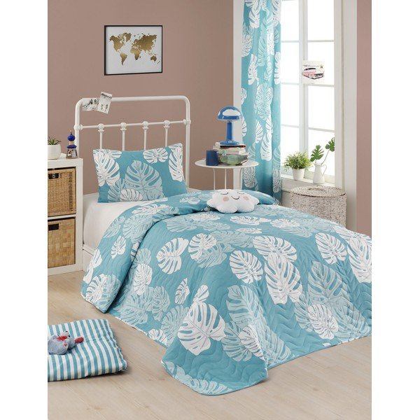 Set přehozu přes postel a povlaku na polštář s příměsí bavlny Eponj Home Monstera Blue, 160 x 220 cm