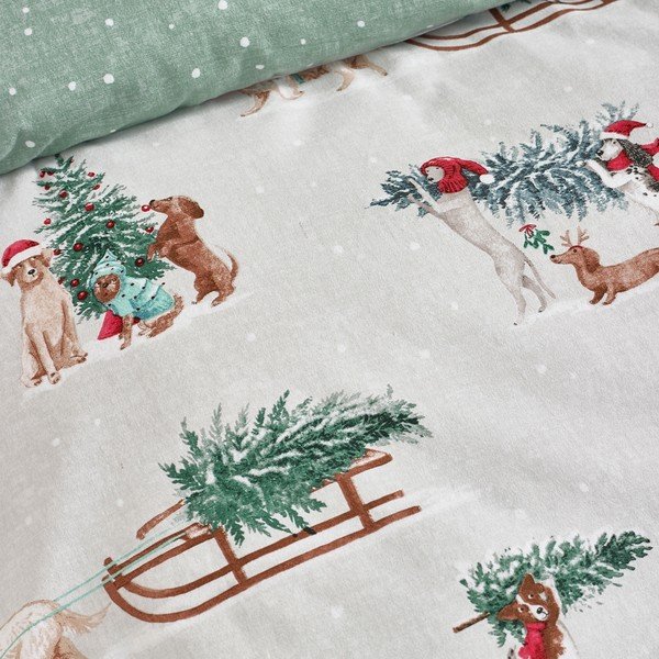 Зелено/в естествен цвят двойно  фланелено спално бельо 200x200 cm Brushed Christmas Dogs – Catherine Lansfield-image-4