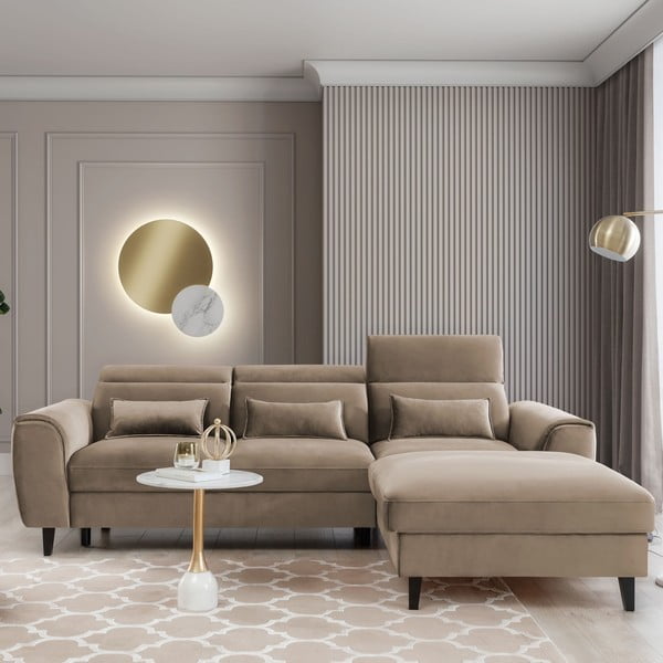 Светлокафяв кадифен разтегателен ъглов диван с място за съхранение (десен ъгъл) Foble – ELTAP-image-1