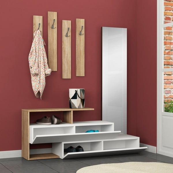 Комплект от етажерка за обувки с огледало и закачалка за стена Дъб Ramda - Decortie-image-1
