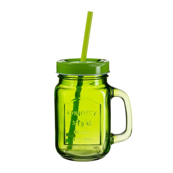 Zelená sklenice s víčkem a brčkem SUMMER FUN II BUNT, 450 ml