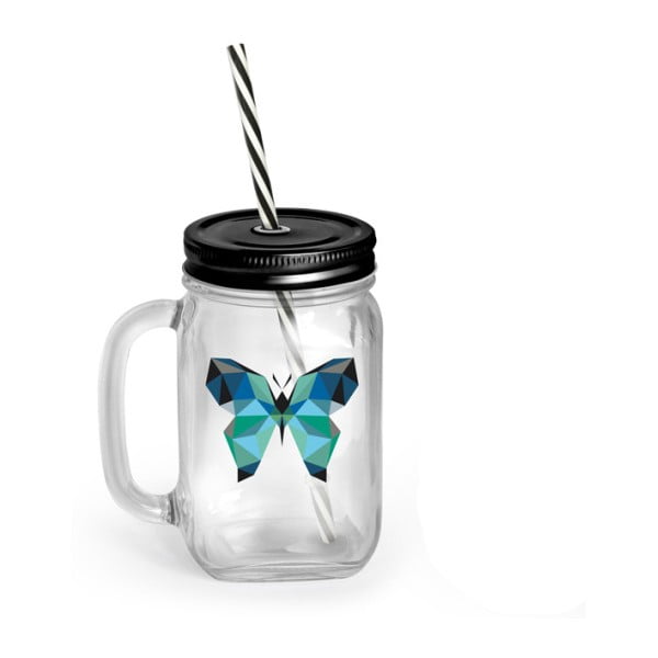 Sklenice s víčkem a brčkem Vialli Design Mia Natura Butterfly, 450 ml