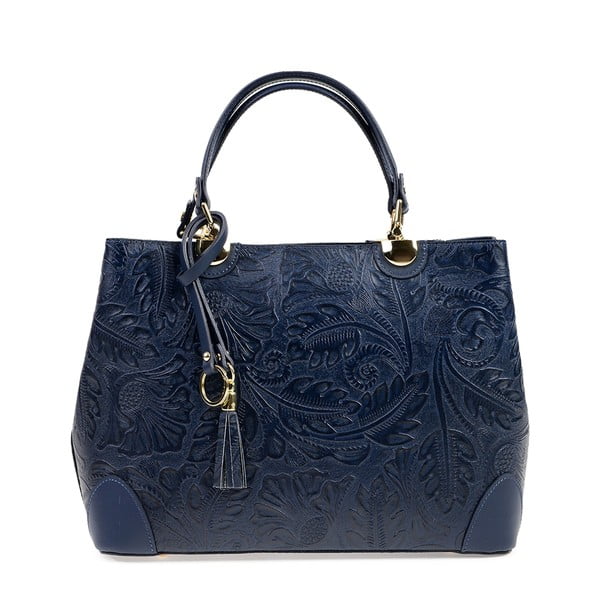 Синя кожена чанта с цветя - Carla Ferreri