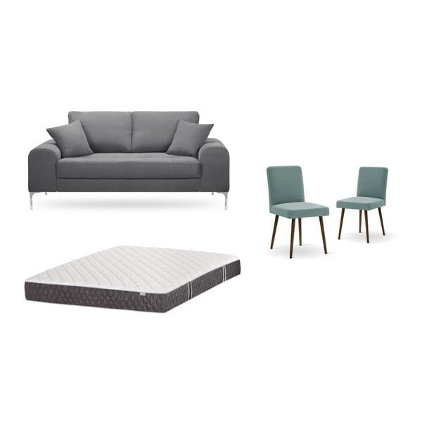 Комплект от двуместен сив диван, 2 сиво-зелени стола и матрак 140 x 200 cm - Home Essentials