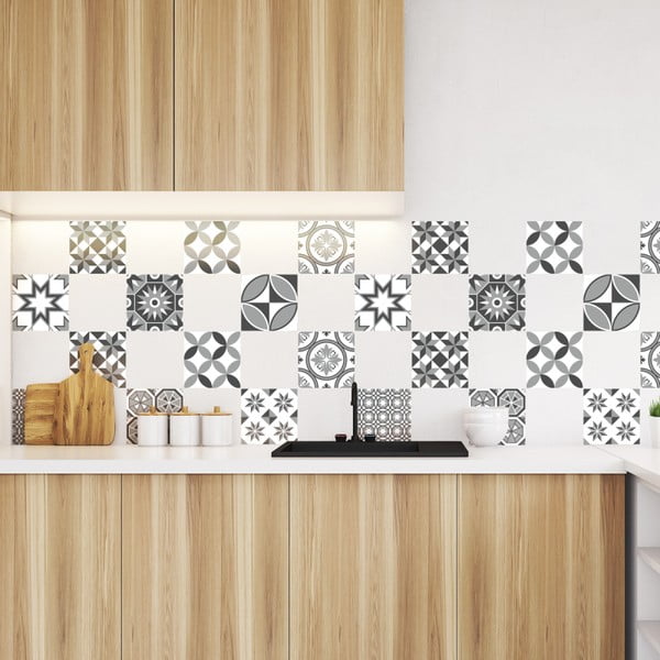 Комплект от 9 стикера за стена Декоративни плочки за стена Azulejos Shades of Gray Sotchi, 15 x 15 cm - Ambiance