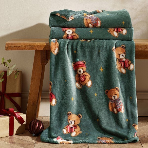Тъмнозелено одеяло с коледен мотив 170x130 cm Christmas Tartan Teddy Bear – Catherine Lansfield-image-1
