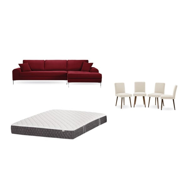 Комплект от червен диван с мързелив диван вдясно, 4 кремави стола и матрак 160 x 200 cm - Home Essentials