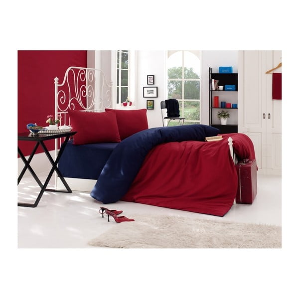 Синьо и червено спално бельо с чаршаф за двойно легло EnLora Home, 200 x 220 cm - Mijolnir