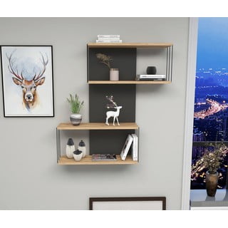 Двоен рафт от бор в антрацит и естествен цвят 65 cm Destan - Kalune Design