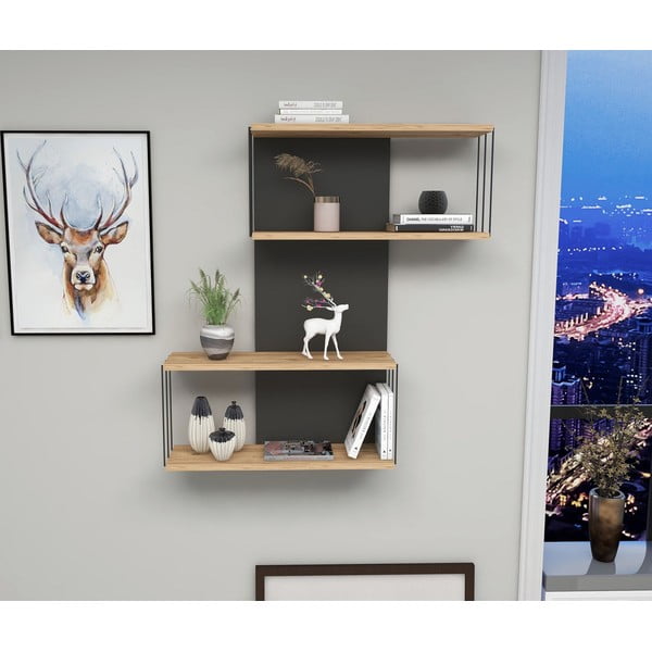 Двоен рафт от бор в антрацит и естествен цвят 65 cm Destan - Kalune Design-image-1