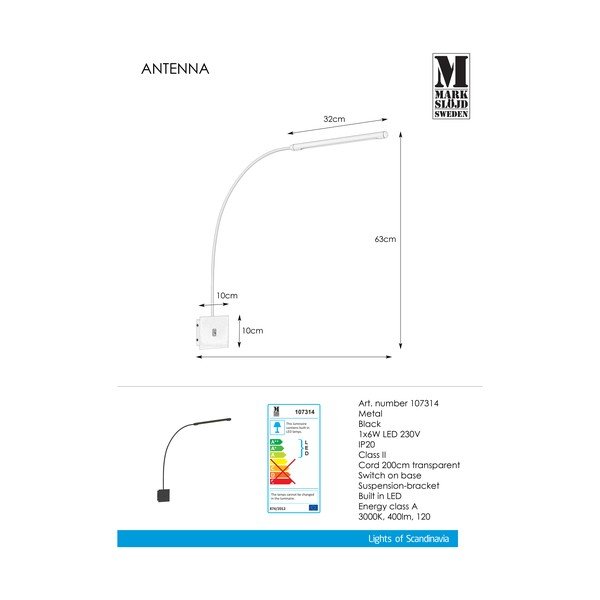 Черна стенна лампа Антена 1L - Markslöjd-image-2