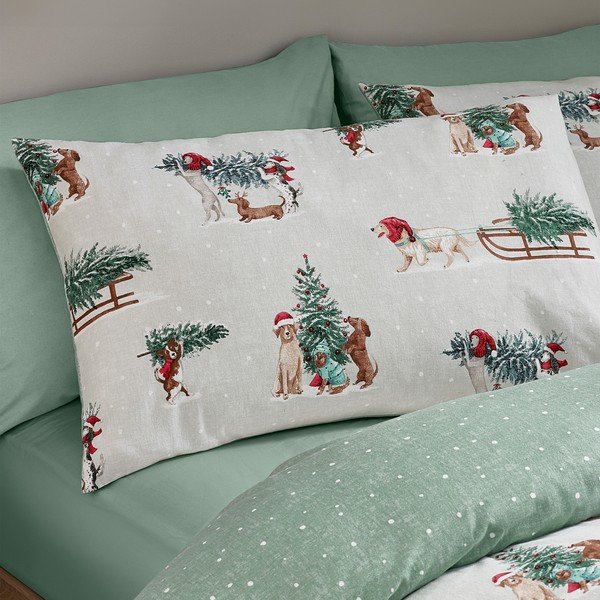 Зелено/в естествен цвят двойно  фланелено спално бельо 200x200 cm Brushed Christmas Dogs – Catherine Lansfield-image-3