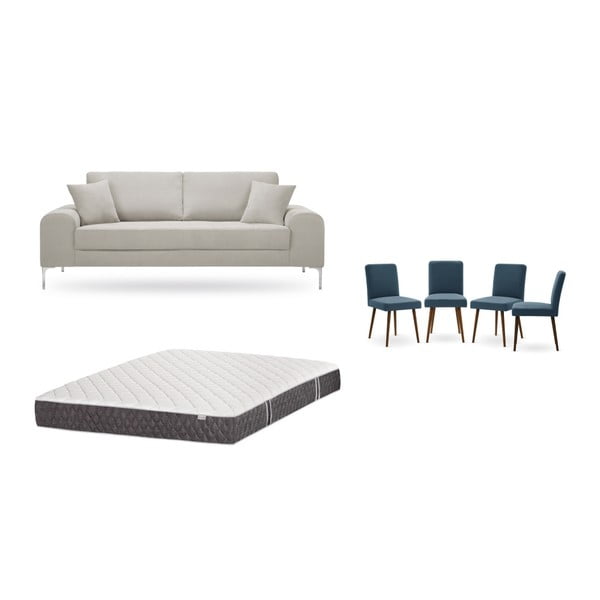 Комплект от триместен кремав диван, 4 сини стола и матрак 160 x 200 cm - Home Essentials