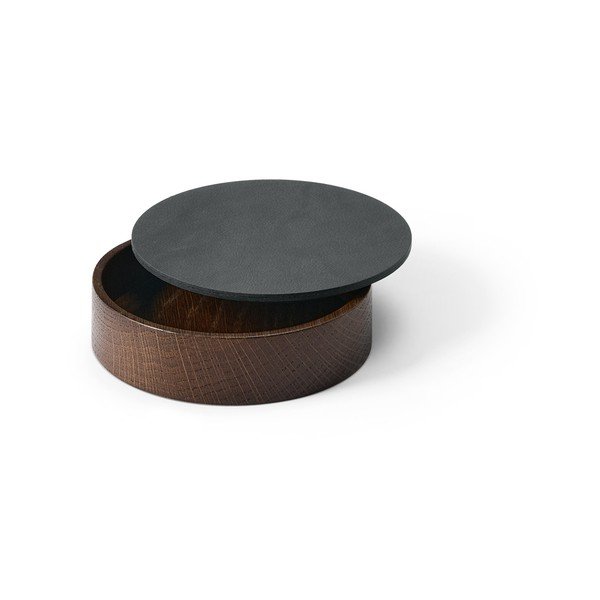 Дървена декоративна кутия за съхранение от еко кожа с капак в антрацитен и кафяв цвят ø 11x3,5 cm Circle Nupo – LIND DNA-image-1