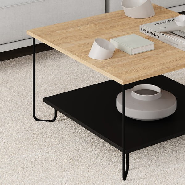 Масичка за кафе с дъбов плот в черен и естествен цвят 80x80 cm Tonka - Marckeric-image-1