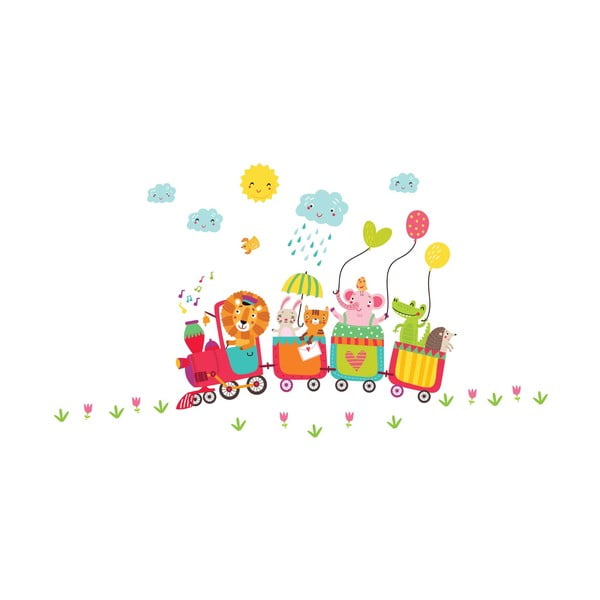 Детски стикер за стена Животни във влакчето на щастието, 90 x 60 cm - Ambiance