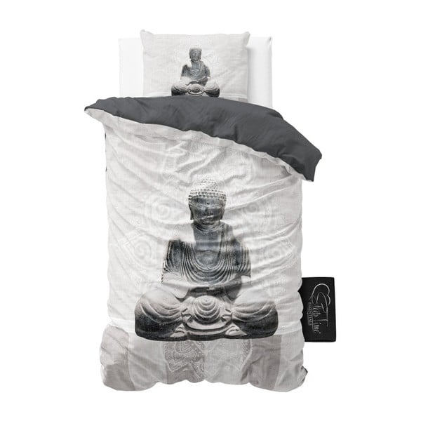 Bílé povlečení z mikroperkálu Sleeptime Buddha Love, 140 x 220 cm